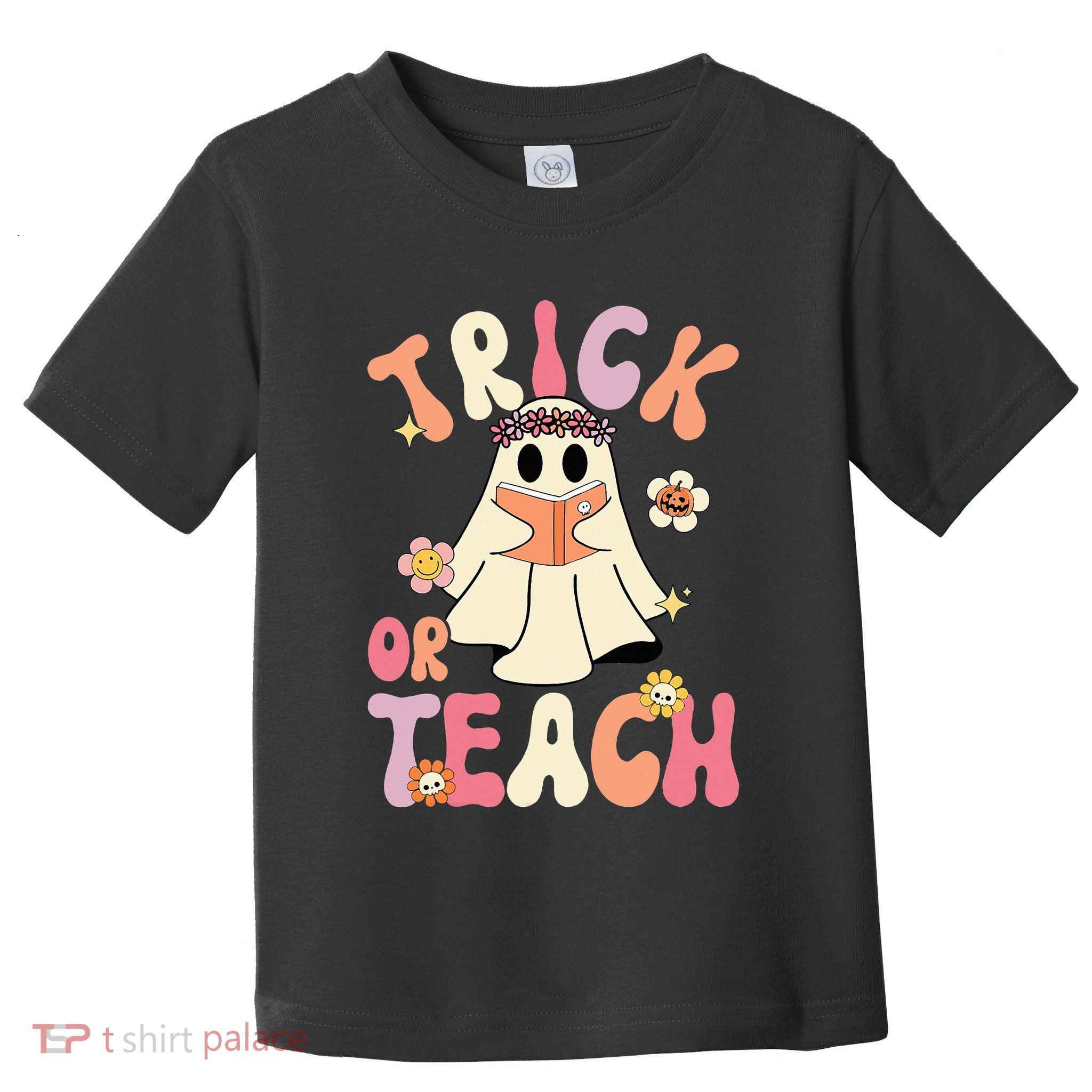 Groovy Halloween Trick Or Teach Retro Floral Ghost Teacher Toddler T-Shirt