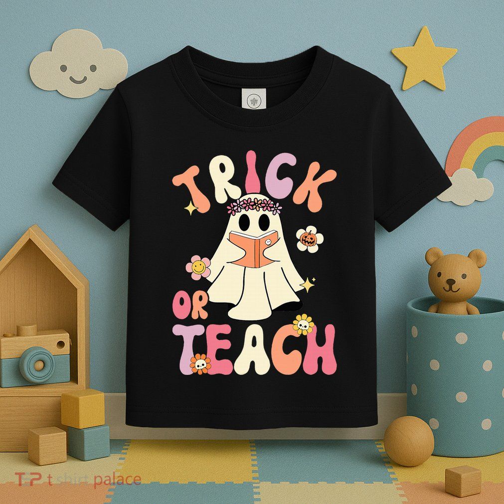 Groovy Halloween Trick Or Teach Retro Floral Ghost Teacher Toddler T-Shirt