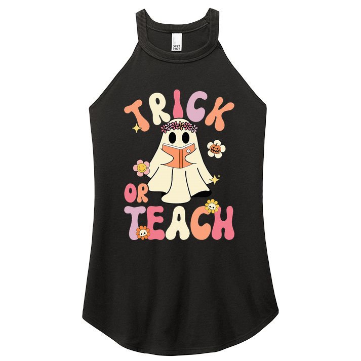 Groovy Halloween Trick Or Teach Retro Floral Ghost Teacher Women's Perfect Tri Rocker Tank
