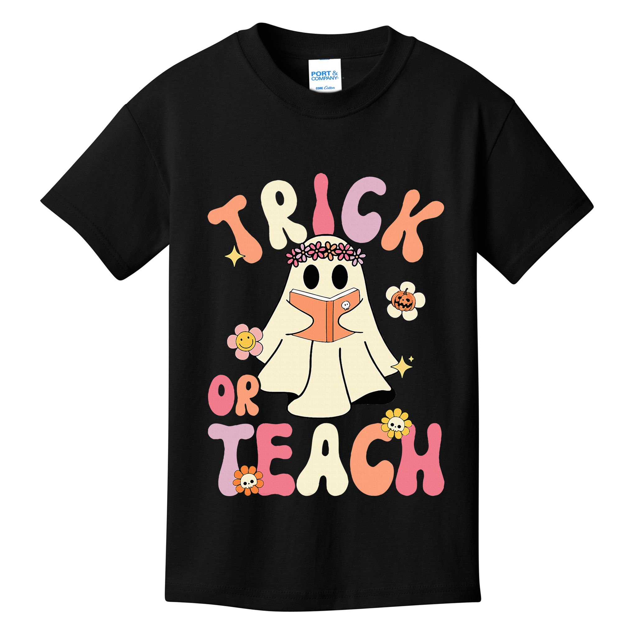Groovy Halloween Trick Or Teach Retro Floral Ghost Teacher Kids T-Shirt