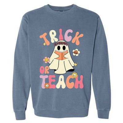 Groovy Halloween Trick Or Teach Retro Floral Ghost Teacher Garment-Dyed Sweatshirt
