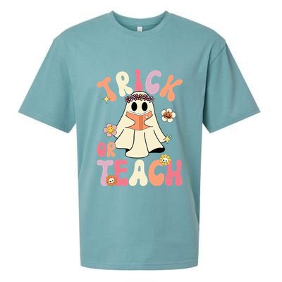 Groovy Halloween Trick Or Teach Retro Floral Ghost Teacher Sueded Cloud Jersey T-Shirt