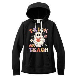 Groovy Halloween Trick Or Teach Retro Floral Ghost Teacher Women's Fleece Hoodie