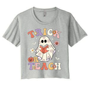 Groovy Halloween Trick Or Teach Retro Floral Ghost Teacher Women's Crop Top Tee