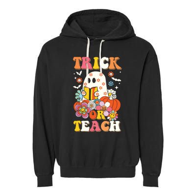 Groovy Halloween Trick Or Teach Retro Floral Ghost Teacher Garment-Dyed Fleece Hoodie