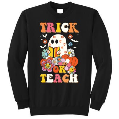 Groovy Halloween Trick Or Teach Retro Floral Ghost Teacher Sweatshirt