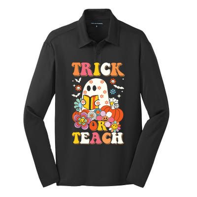 Groovy Halloween Trick Or Teach Retro Floral Ghost Teacher Silk Touch Performance Long Sleeve Polo