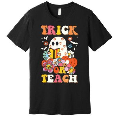 Groovy Halloween Trick Or Teach Retro Floral Ghost Teacher Premium T-Shirt