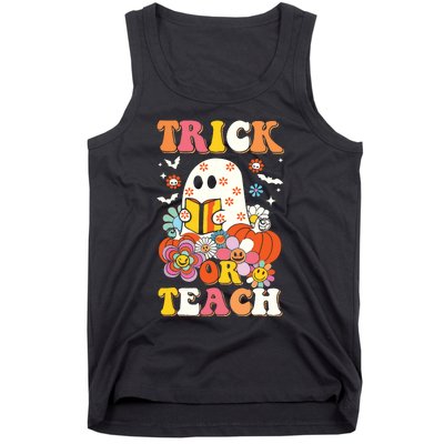 Groovy Halloween Trick Or Teach Retro Floral Ghost Teacher Tank Top