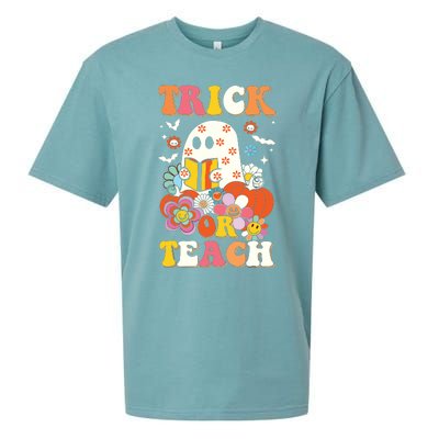 Groovy Halloween Trick Or Teach Retro Floral Ghost Teacher Sueded Cloud Jersey T-Shirt