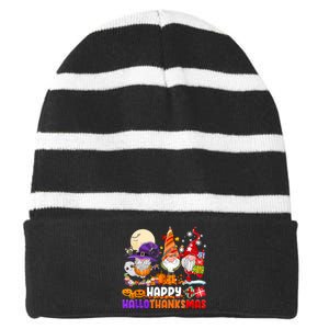 Gnomes Halloween Thanksgiving Christmas Happy Hallothanksmas Gift Striped Beanie with Solid Band