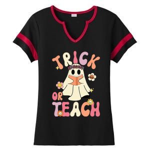 Groovy Halloween Trick Or Teach Retro Floral Ghost Teacher Ladies Halftime Notch Neck Tee