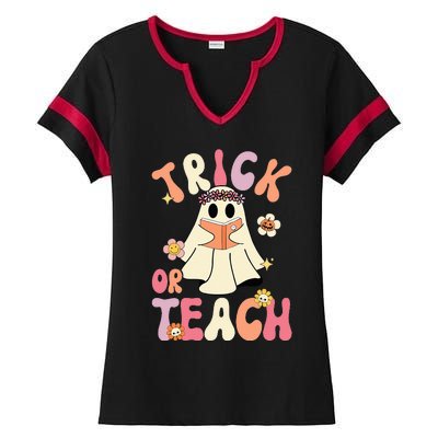 Groovy Halloween Trick Or Teach Retro Floral Ghost Teacher Ladies Halftime Notch Neck Tee