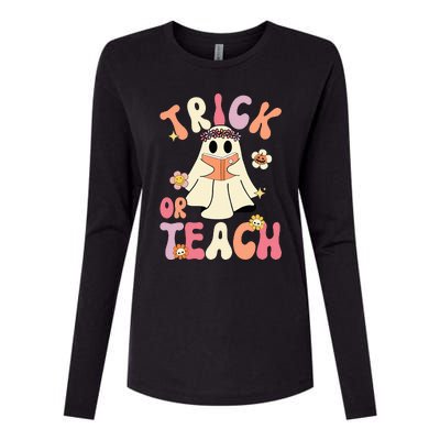 Groovy Halloween Trick Or Teach Retro Floral Ghost Teacher Womens Cotton Relaxed Long Sleeve T-Shirt