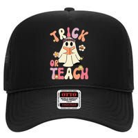 Groovy Halloween Trick Or Teach Retro Floral Ghost Teacher High Crown Mesh Back Trucker Hat