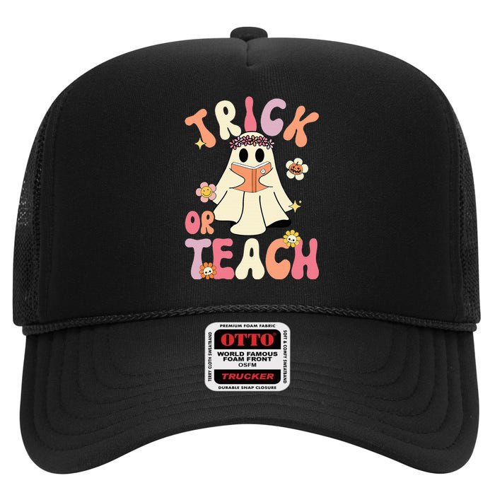 Groovy Halloween Trick Or Teach Retro Floral Ghost Teacher High Crown Mesh Back Trucker Hat