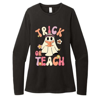 Groovy Halloween Trick Or Teach Retro Floral Ghost Teacher Womens CVC Long Sleeve Shirt