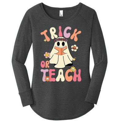 Groovy Halloween Trick Or Teach Retro Floral Ghost Teacher Women's Perfect Tri Tunic Long Sleeve Shirt