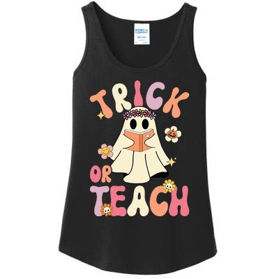 Groovy Halloween Trick Or Teach Retro Floral Ghost Teacher Ladies Essential Tank