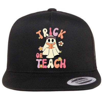 Groovy Halloween Trick Or Teach Retro Floral Ghost Teacher Flat Bill Trucker Hat