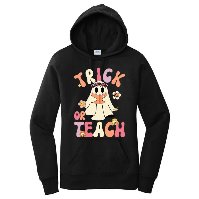 Groovy Halloween Trick Or Teach Retro Floral Ghost Teacher Women's Pullover Hoodie