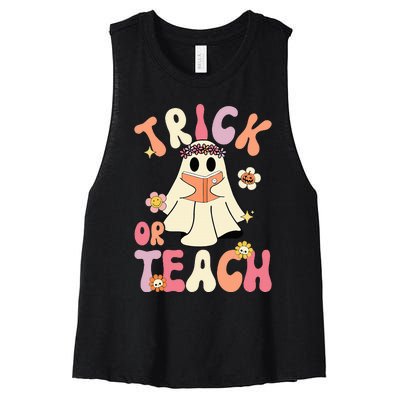 Groovy Halloween Trick Or Teach Retro Floral Ghost Teacher Women's Racerback Cropped Tank