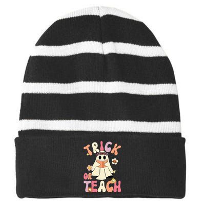 Groovy Halloween Trick Or Teach Retro Floral Ghost Teacher Striped Beanie with Solid Band