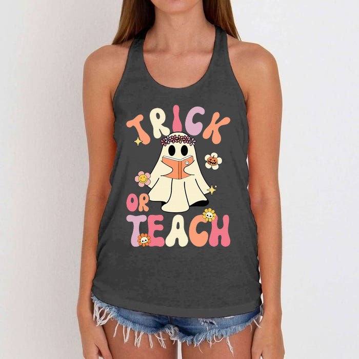 Groovy Halloween Trick Or Teach Retro Floral Ghost Teacher Women's Knotted Racerback Tank