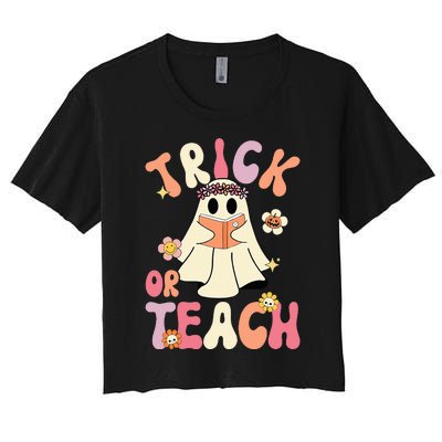 Groovy Halloween Trick Or Teach Retro Floral Ghost Teacher Women's Crop Top Tee