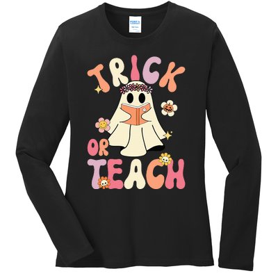 Groovy Halloween Trick Or Teach Retro Floral Ghost Teacher Ladies Long Sleeve Shirt