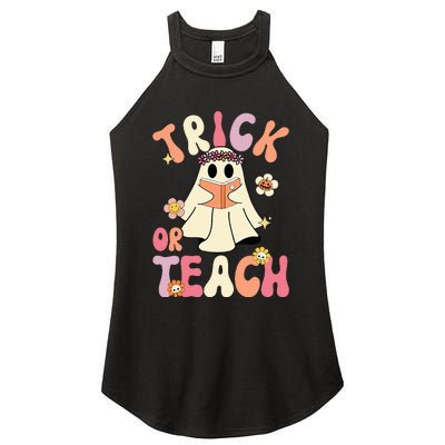 Groovy Halloween Trick Or Teach Retro Floral Ghost Teacher Women's Perfect Tri Rocker Tank