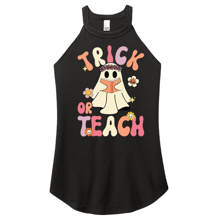 Groovy Halloween Trick Or Teach Retro Floral Ghost Teacher Women's Perfect Tri Rocker Tank