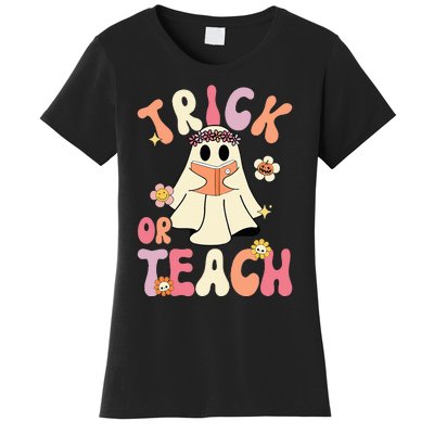 Groovy Halloween Trick Or Teach Retro Floral Ghost Teacher Women's T-Shirt