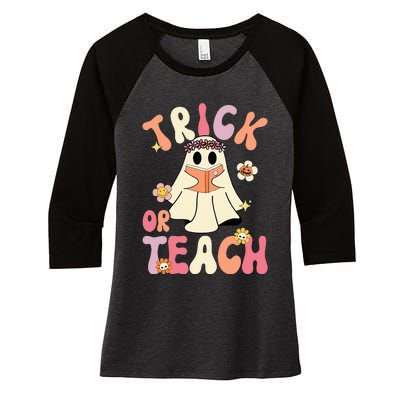 Groovy Halloween Trick Or Teach Retro Floral Ghost Teacher Women's Tri-Blend 3/4-Sleeve Raglan Shirt