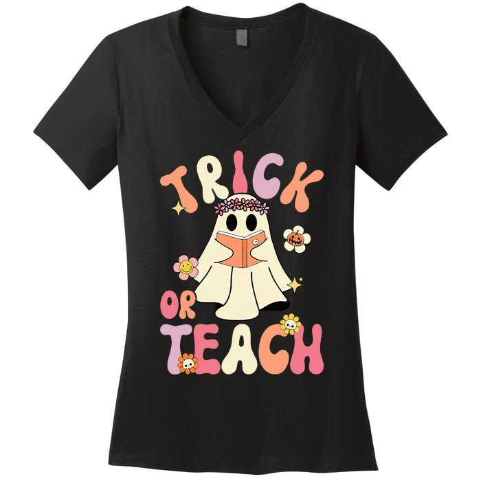 Groovy Halloween Trick Or Teach Retro Floral Ghost Teacher Women's V-Neck T-Shirt