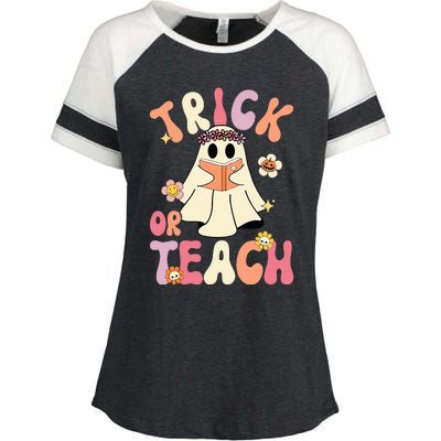 Groovy Halloween Trick Or Teach Retro Floral Ghost Teacher Enza Ladies Jersey Colorblock Tee