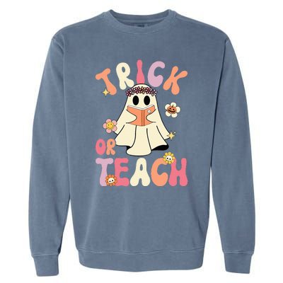 Groovy Halloween Trick Or Teach Retro Floral Ghost Teacher Garment-Dyed Sweatshirt