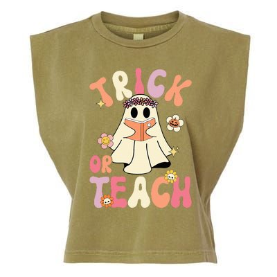 Groovy Halloween Trick Or Teach Retro Floral Ghost Teacher Garment-Dyed Women's Muscle Tee