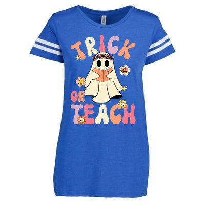 Groovy Halloween Trick Or Teach Retro Floral Ghost Teacher Enza Ladies Jersey Football T-Shirt