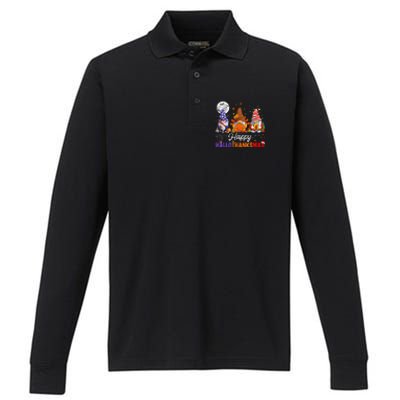 Gnomes Halloween Thanksgiving Christmas Happy Hallothanksmas Performance Long Sleeve Polo