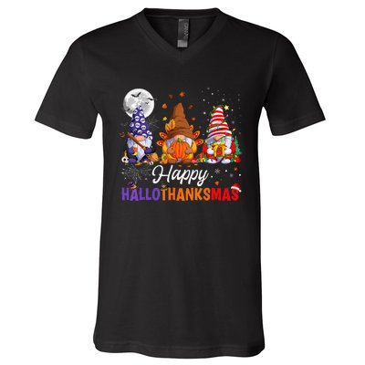 Gnomes Halloween Thanksgiving Christmas Happy Hallothanksmas V-Neck T-Shirt