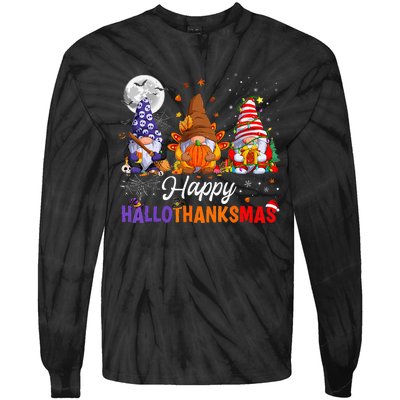 Gnomes Halloween Thanksgiving Christmas Happy Hallothanksmas Tie-Dye Long Sleeve Shirt