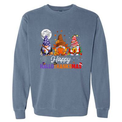 Gnomes Halloween Thanksgiving Christmas Happy Hallothanksmas Garment-Dyed Sweatshirt