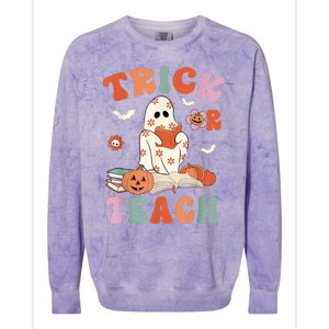 Groovy Halloween Trick Or Teach Retro Floral Ghost Teacher Colorblast Crewneck Sweatshirt