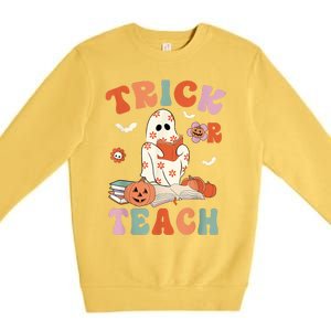 Groovy Halloween Trick Or Teach Retro Floral Ghost Teacher Premium Crewneck Sweatshirt