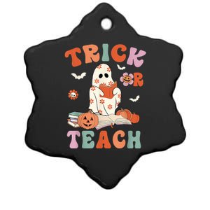 Groovy Halloween Trick Or Teach Retro Floral Ghost Teacher Ceramic Star Ornament