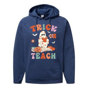 Groovy Halloween Trick Or Teach Retro Floral Ghost Teacher Performance Fleece Hoodie