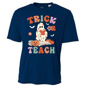 Groovy Halloween Trick Or Teach Retro Floral Ghost Teacher Cooling Performance Crew T-Shirt