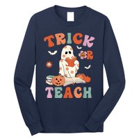 Groovy Halloween Trick Or Teach Retro Floral Ghost Teacher Long Sleeve Shirt