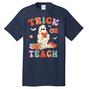 Groovy Halloween Trick Or Teach Retro Floral Ghost Teacher Tall T-Shirt